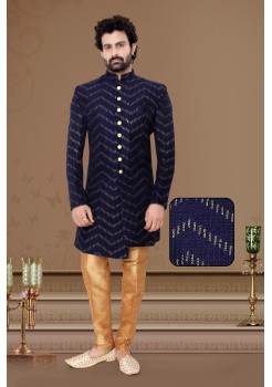 Navy Jaquard Silk Indo Western Sherwani